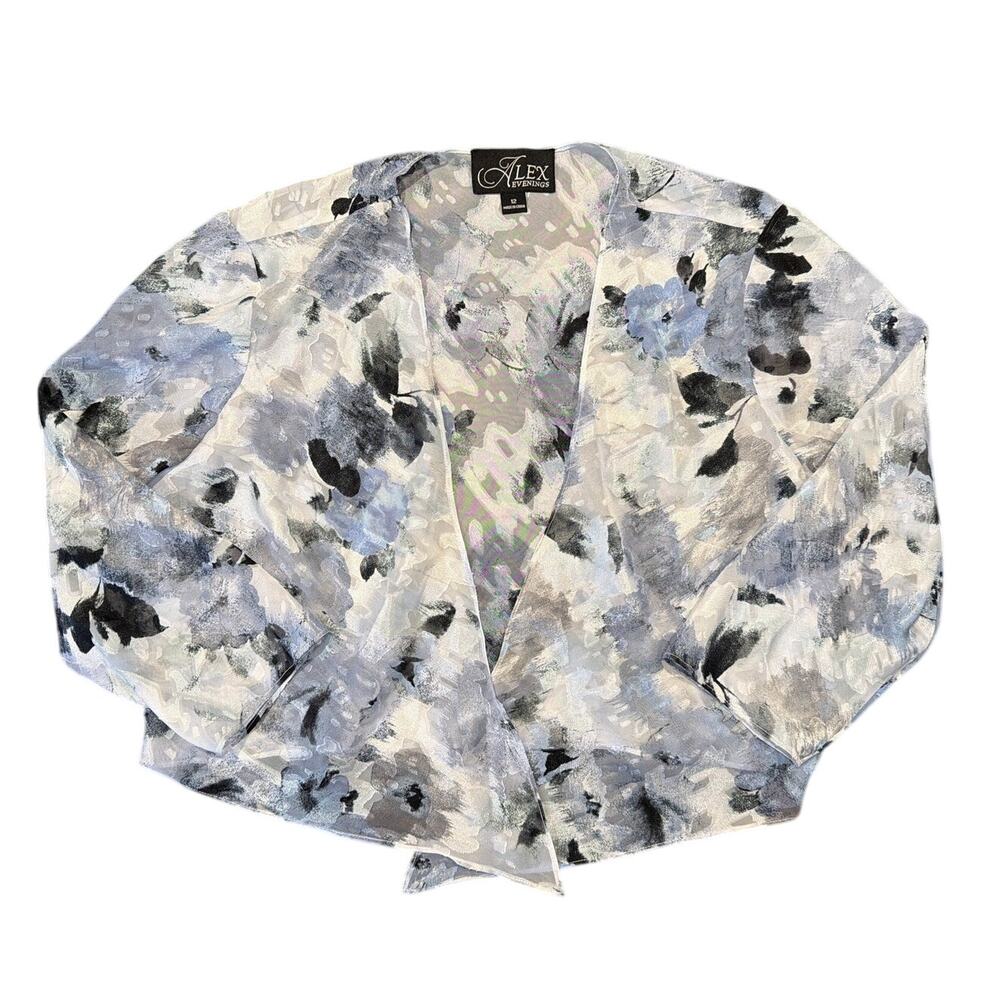 NWOT Alex Evenings Bolero Shrug Blue Gray Floral Sheer Jacket Size 12